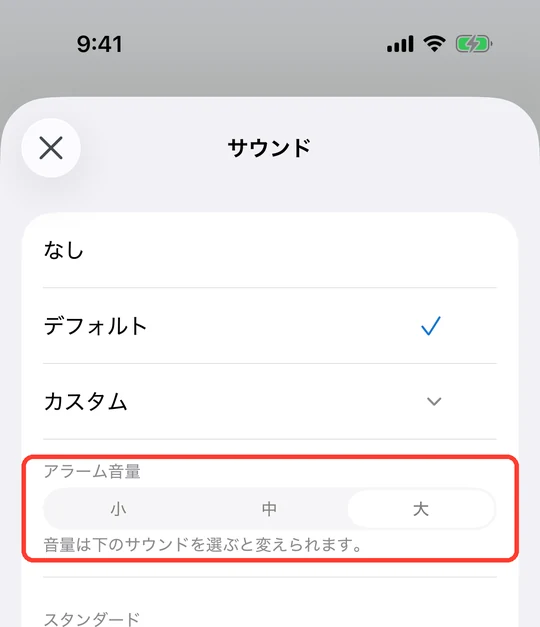 カスタムを開いた状態。アラーム音量の小・中・大の切り替えが表示されている