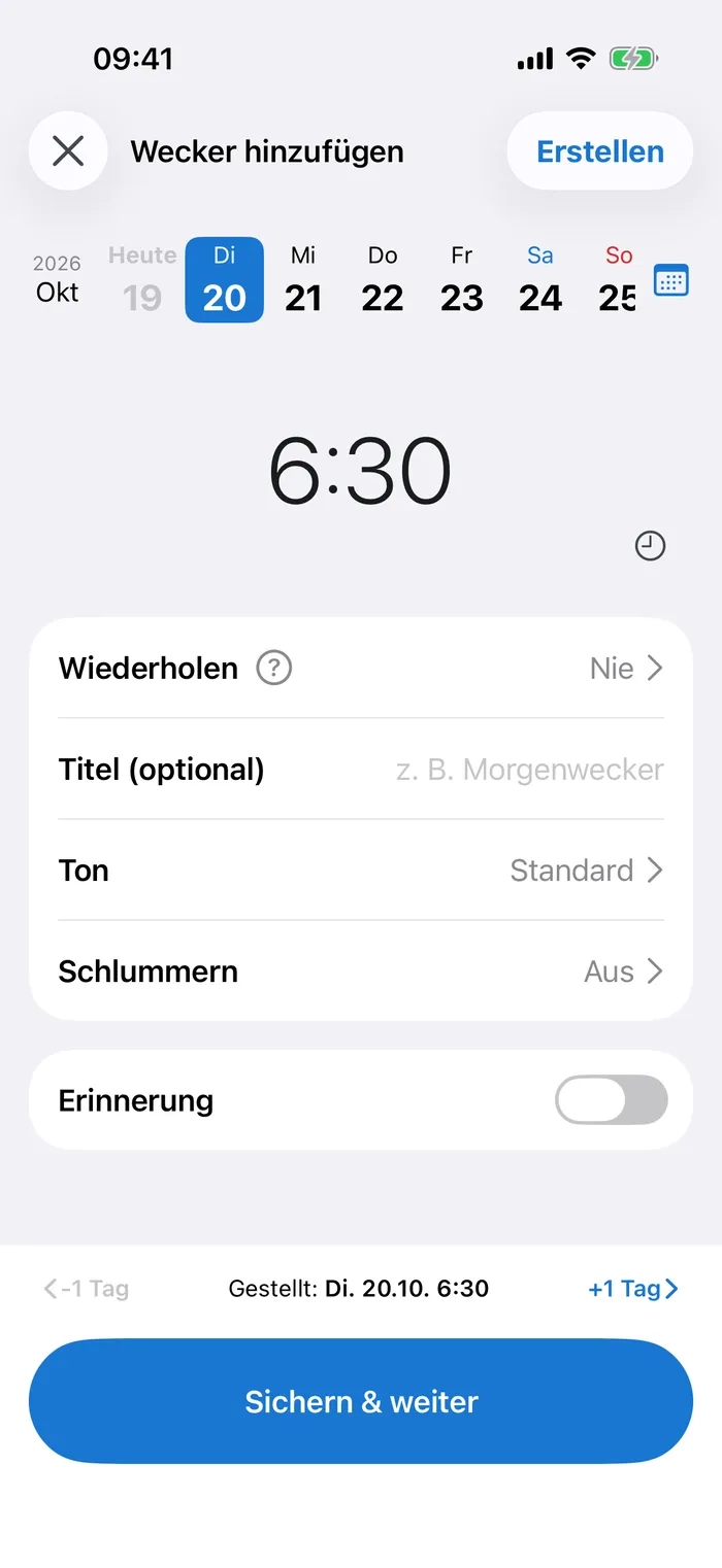 Der Bildschirm „Wecker hinzufügen“ in CAlarm: die Tagesleiste mit Dienstag, dem 20., ausgewählt, die Uhrzeit 6:30, die Zeilen Wiederholen, Titel, Ton und Schlummern und der Schalter Erinnerung