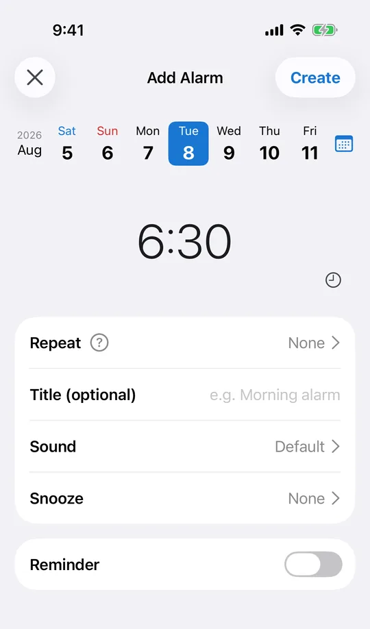 CAlarm's alarm editor, with a week pager showing Tue 8 selected, the time set to 6:30, and rows for Repeat, Title, Sound, Snooze and Reminder