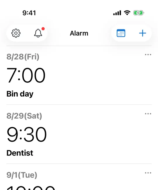 CAlarm's alarm list on iPhone, showing three alarms: 7:00 Bin day on 8/28 (Fri), 9:30 Dentist on 8/29 (Sat) and 10:00 Renew passport on 9/1 (Tue), each with its own date