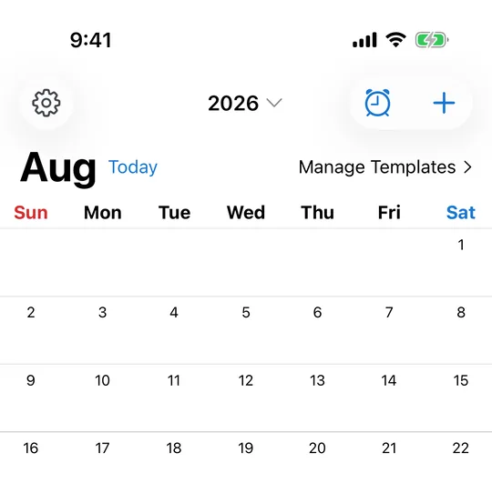 CAlarm's calendar screen, showing the month view for August 2026 with Manage Templates in the header