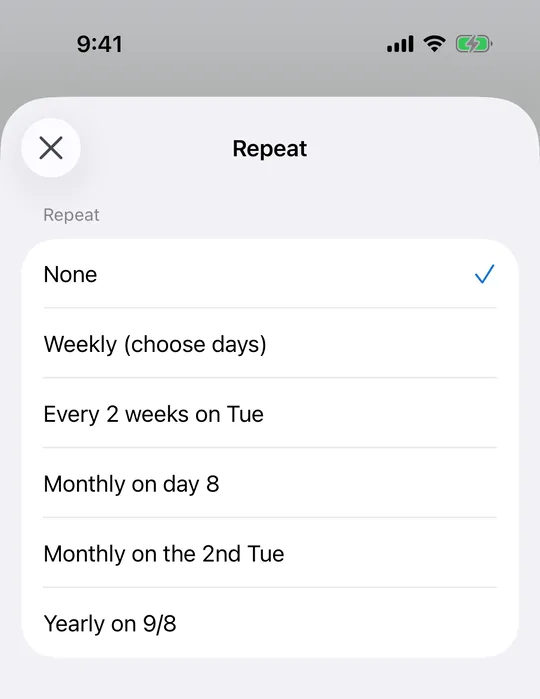CAlarm's repeat options: None, Weekly (choose days), Every 2 weeks on Tue, Monthly on day 8, Monthly on the 2nd Tue, and Yearly on 9/8