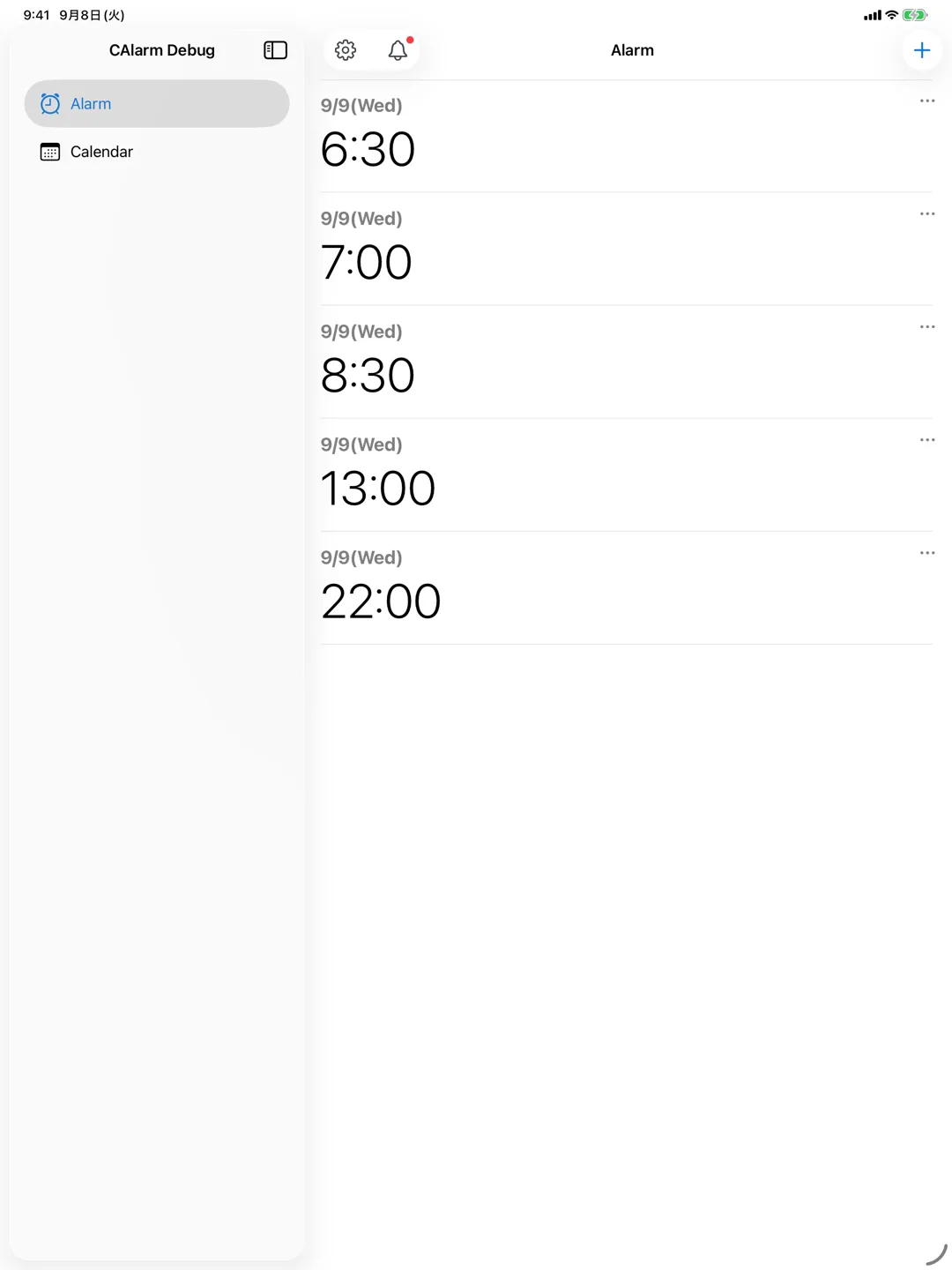 The alarm list on iPad. A sidebar lists Alarm and Calendar; the right side shows alarms with their dates and large times