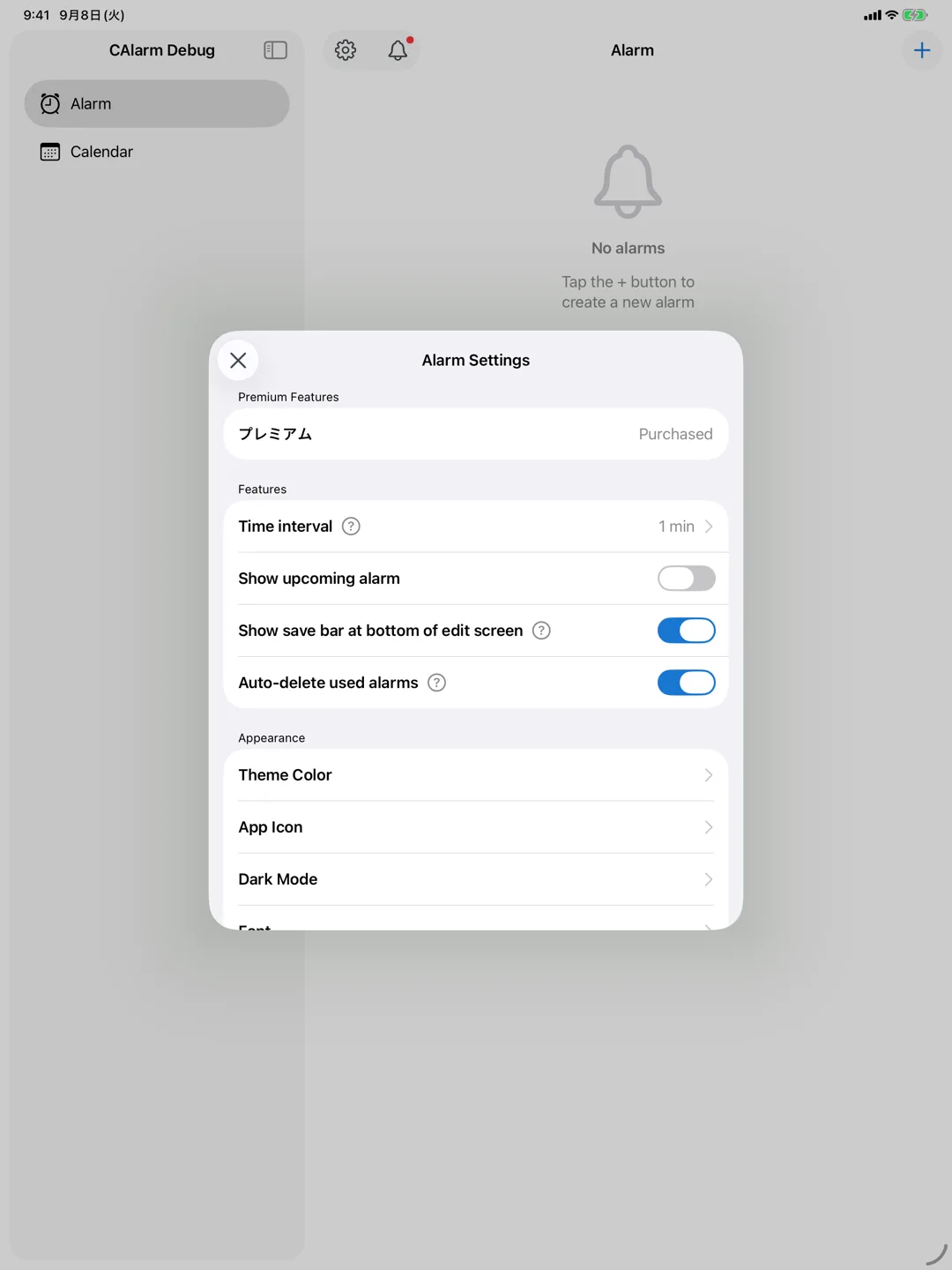 Settings on iPad, with theme colour and display options