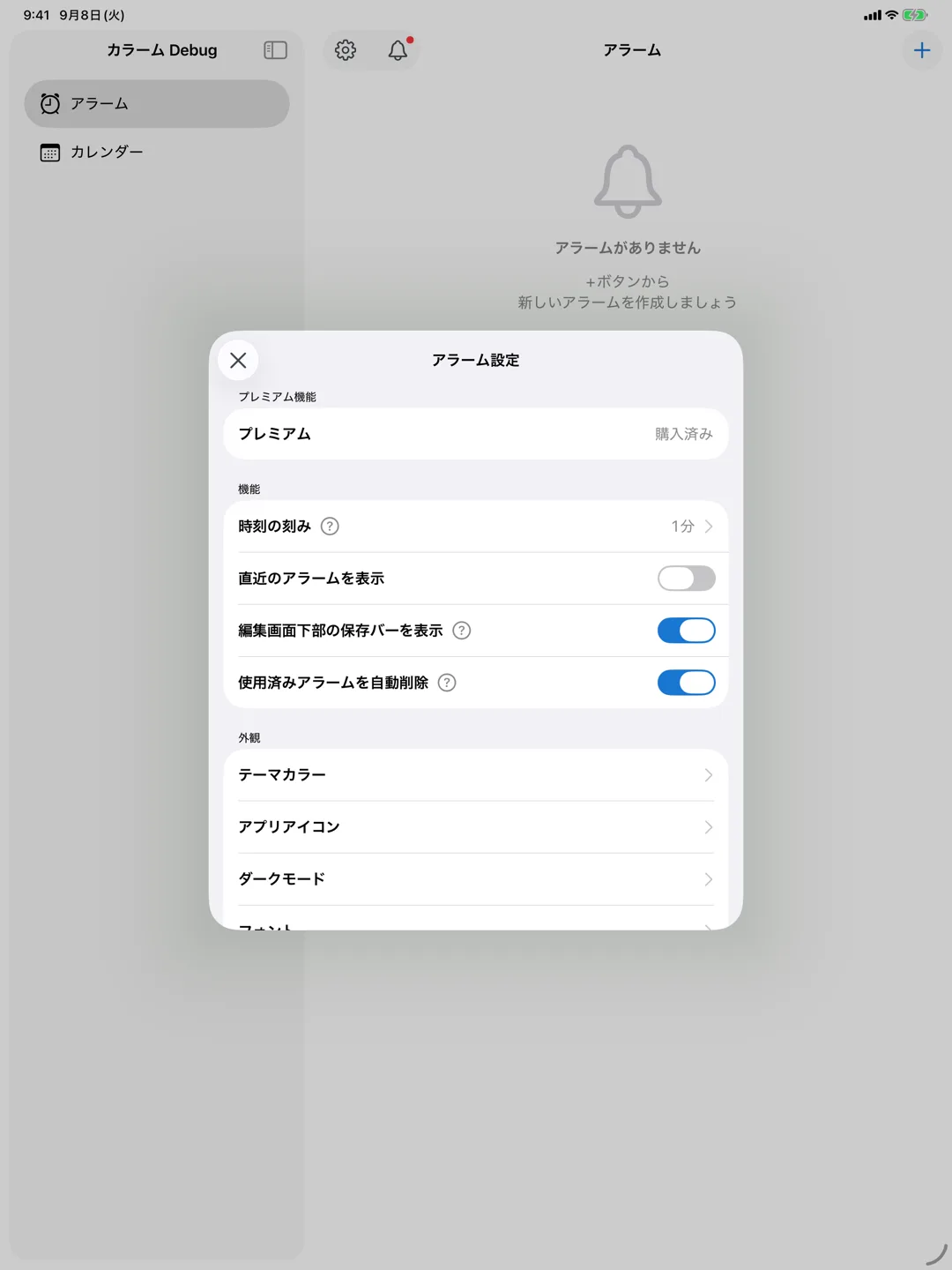 iPadの設定画面。テーマカラーや表示の設定が並んでいる